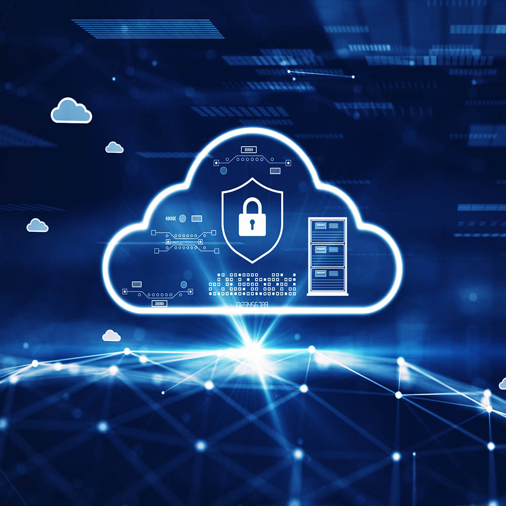 Cloud and edge computing technology concept with cybersecurity data protection system. There is a prominent large cloud icon on the left side. Interconnected polygons on a dark blue background.